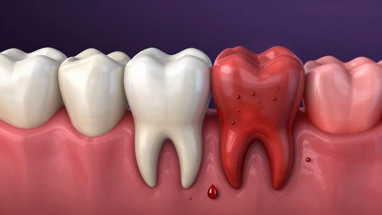 Ilustrace přechodu zdravého dásně do zánětlivého stavu s ústupem dásní.