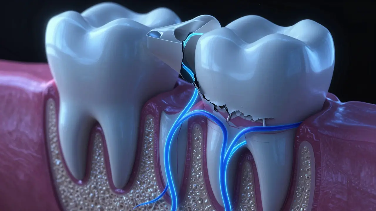 Konceptuální 3D model zubu znázorňující dentinové kanálky a nervy.
