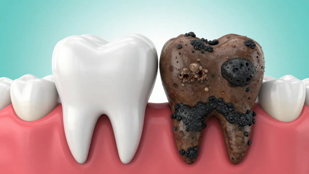 Konceptuální 3D zobrazení zdravého zuba vedle zuba s černým zubním kamenem.