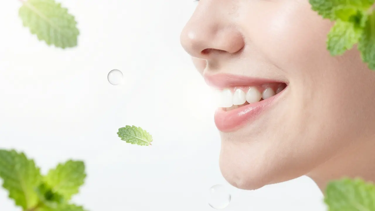 Konceptuální detail zdravého úsměvu s prvky svěžesti a čistoty.