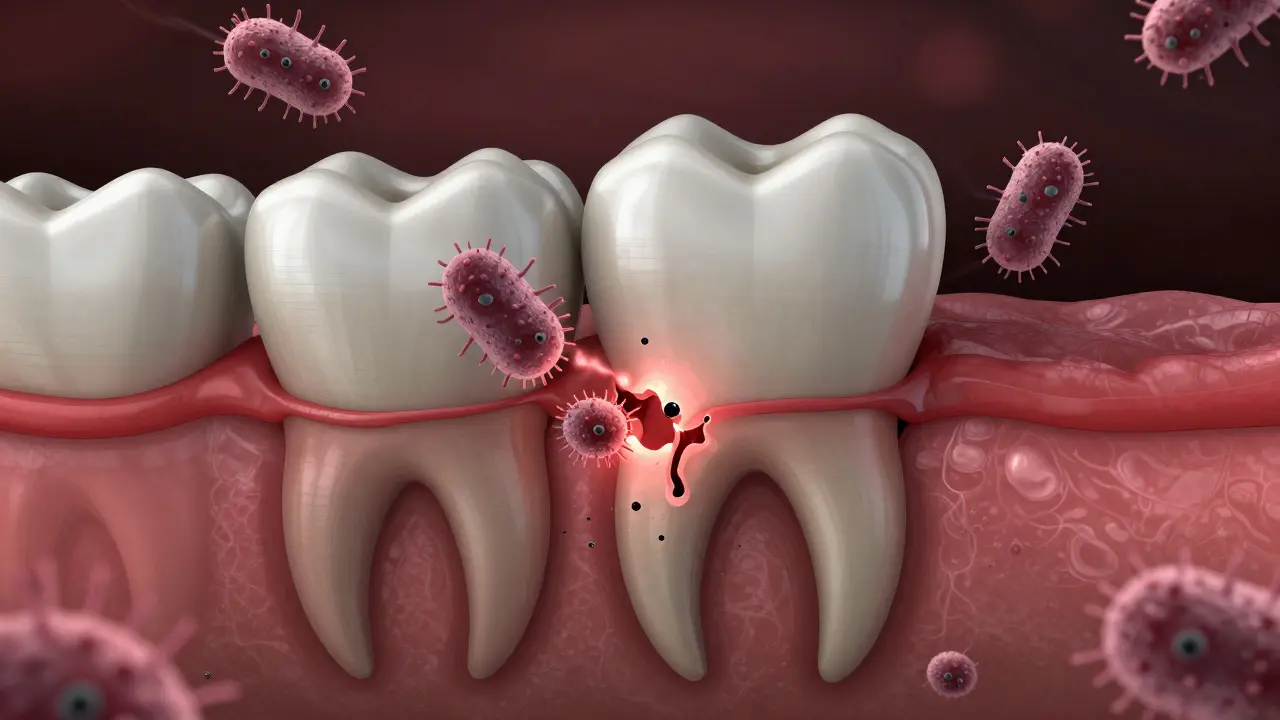 Konceptuální ilustrace zánětu dásní a destrukce zubní kosti bakteriemi.