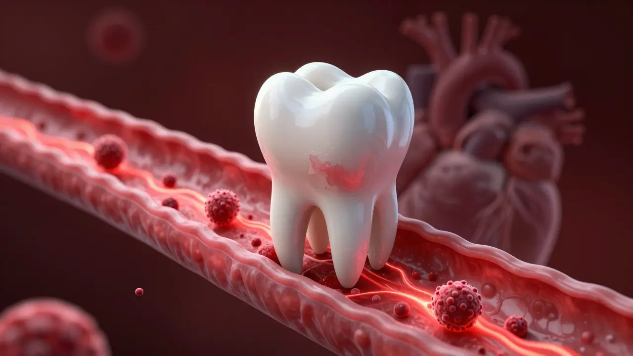 Konceptuální ilustrace znázorňující cestu bakterií z dásní do krevního oběhu k srdci.