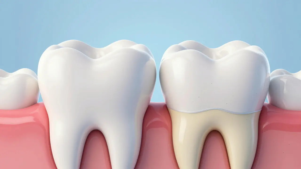 Konceptuální schéma znázornující obrusování skloviny a odhalení dentinu
