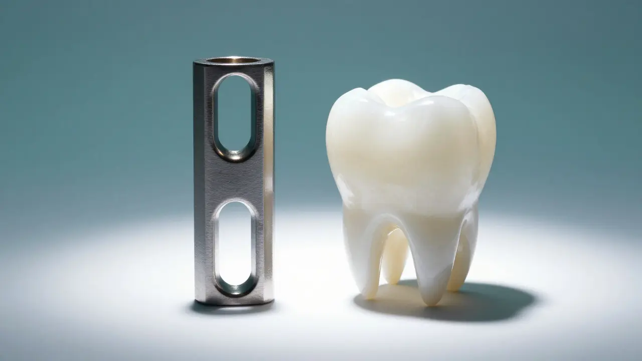 Konceptuální srovnání pevného zirkonia a průsvitné keramické fasety.