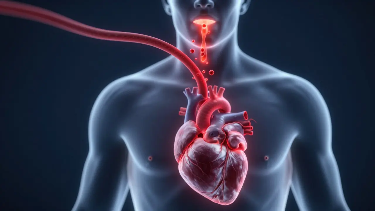 Konceptuální znázornení cesty bakterií z úst do krevního oběhu a k srdci.