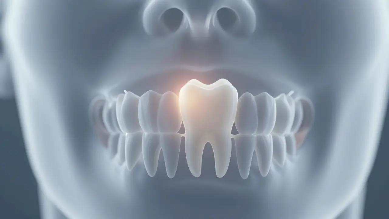 Konceptuální zobrazení zubu moudrosti tlačícího na ostatní zuby.