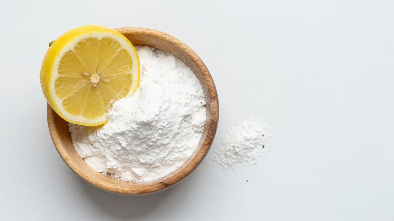 Miska s jedlou sodou a řezem citrónu jako symbol domácího bělení.