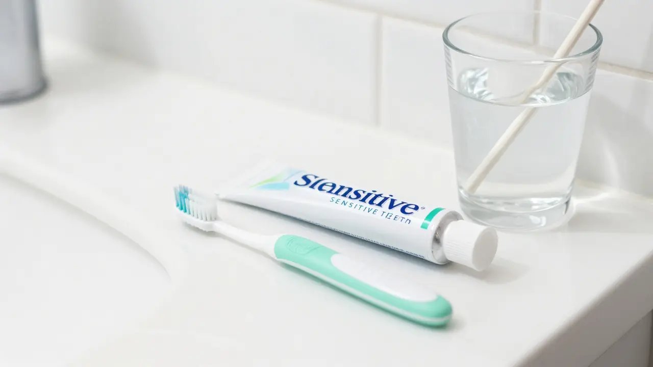 Moderní sonický kartáček a pasta pro citlivé zuby v koupelně.