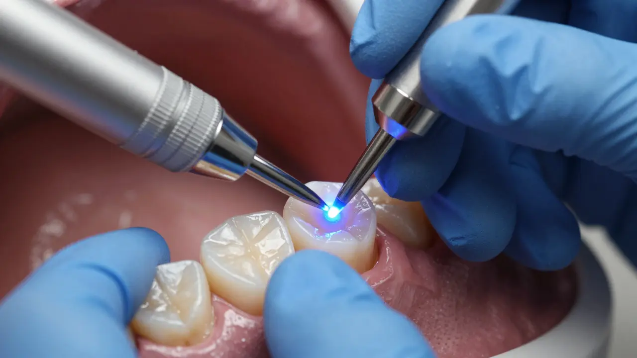 Nanášení kompozitního materiálu na zub s použitím modrého světla.