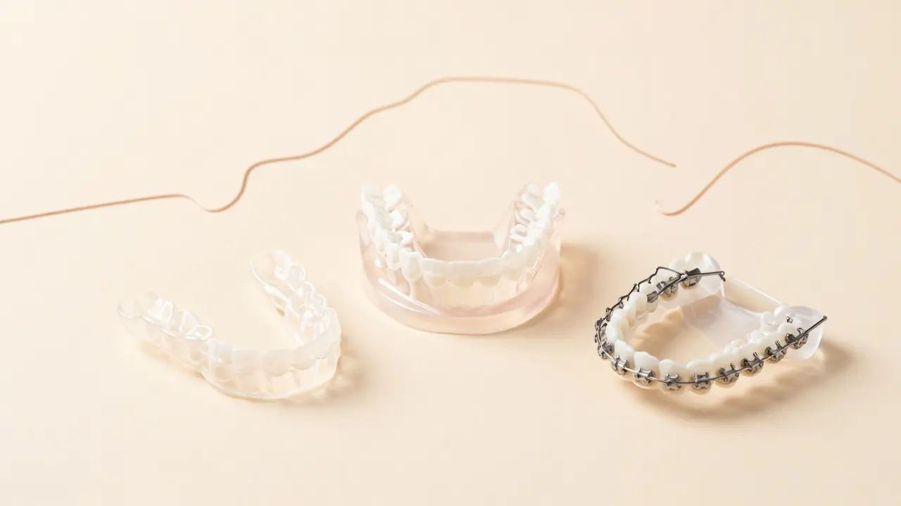 Ortodontní aparáty a alignery symbolizující nápravu čelistí.