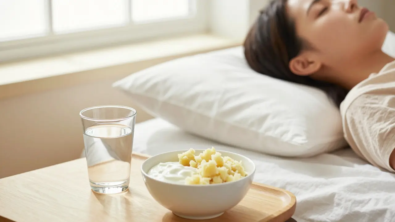 Osoba odpočívající v polosedě s měkkými potravinami pro zotavení po zákroku.