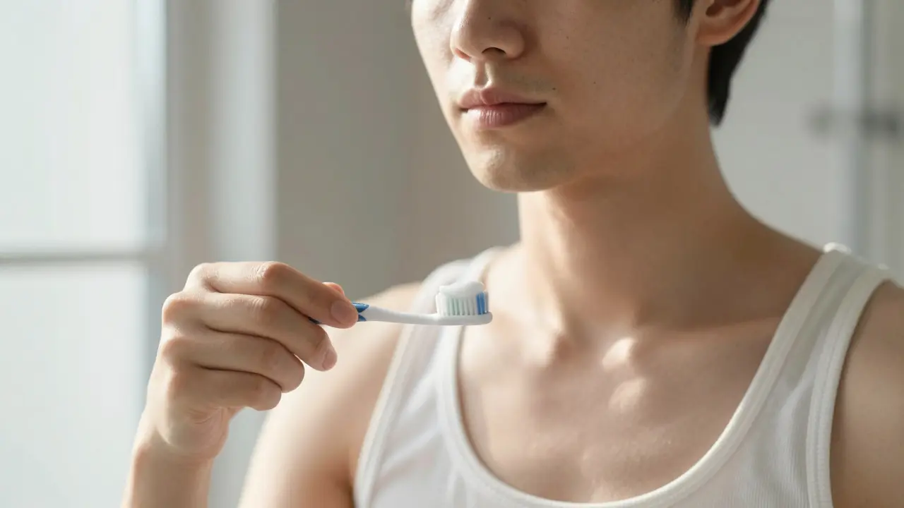 Osoba pečlivě čistící zuby kartáčkem v jasně osvětlené koupelně.