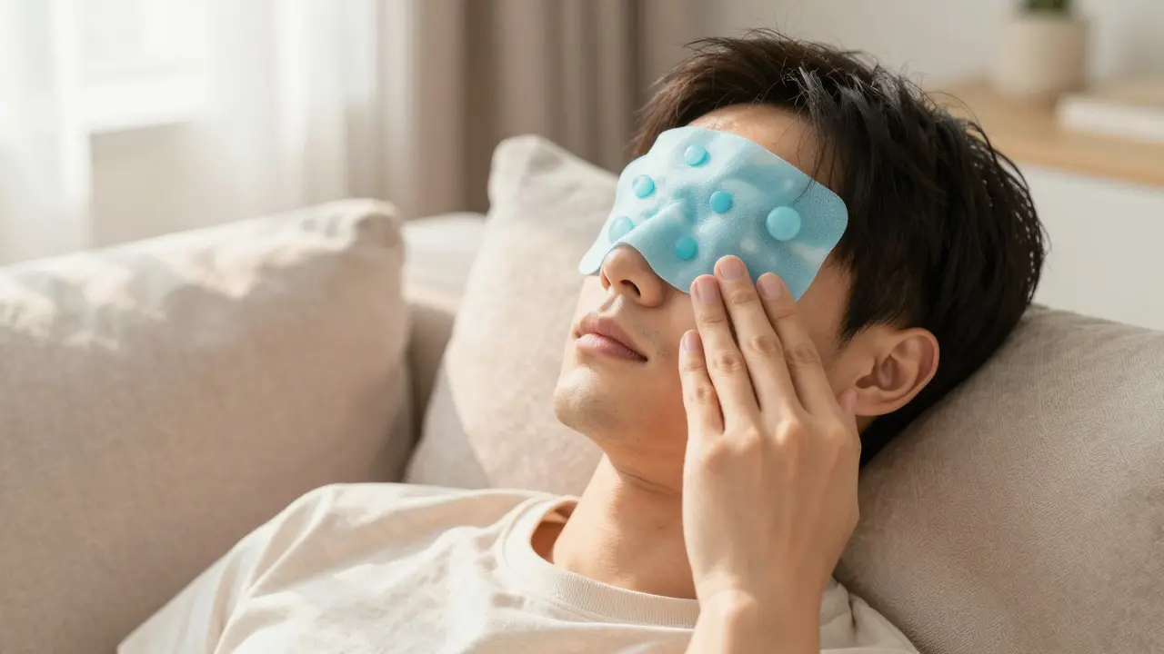 Osoba přikládající studený gelový obklad na tvář pro úlevu od bolesti.