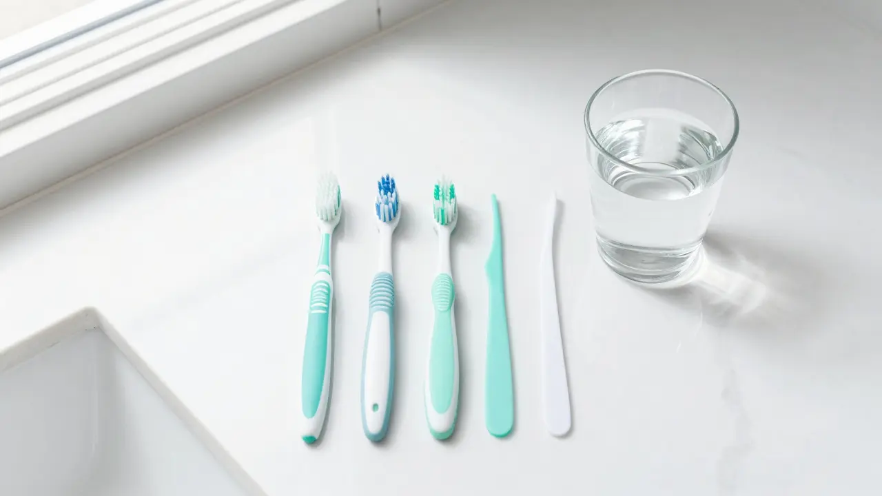 Sada pomůcek pro komplexní hygienu zubů na bílém mramorovém povrchu.