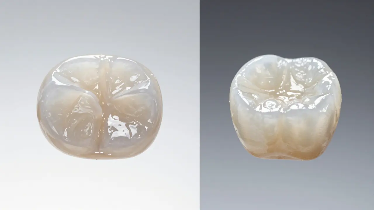 Srovnání textury a lesku kompozitní a keramické fasety.