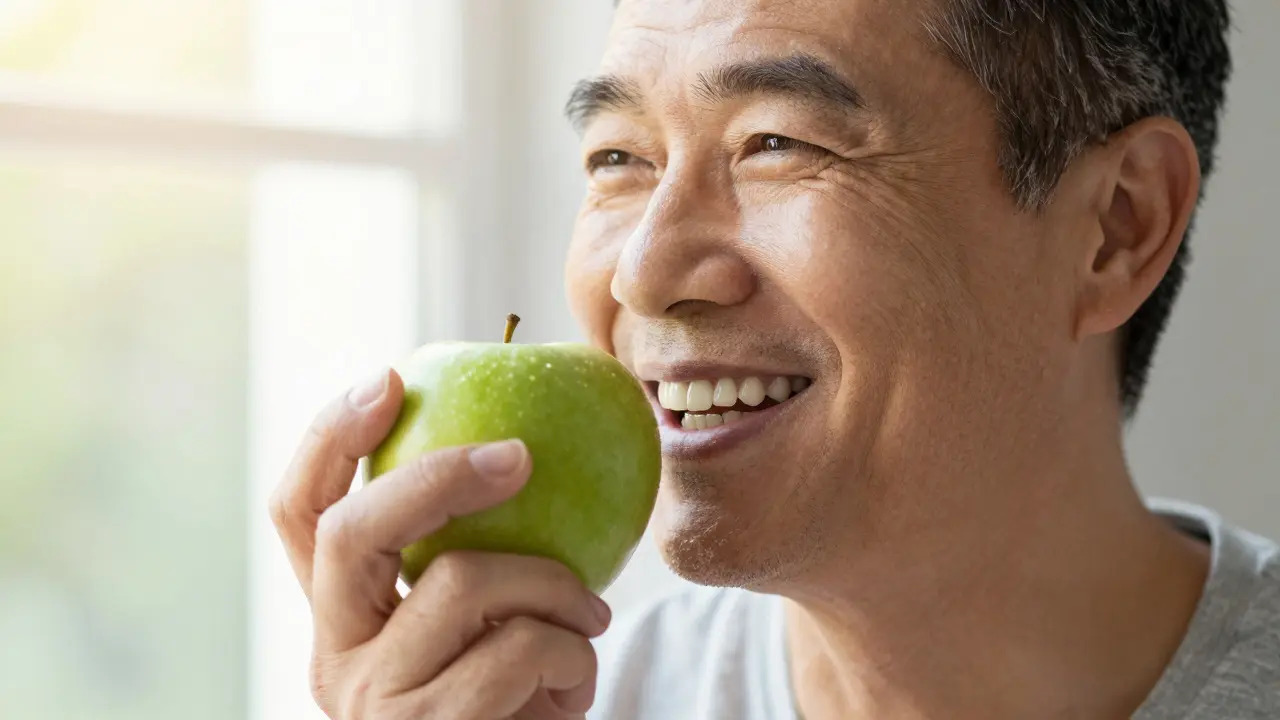 Usměv proč osoby s implantáty, která s radostí jí zelené jablko.