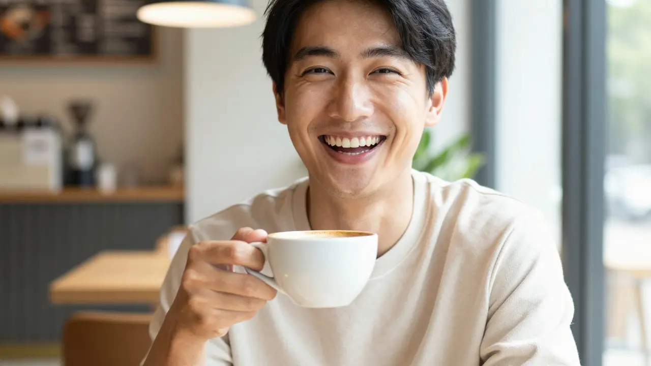  veselá osoba s krásným keramickým úsměvem v moderní kavárně.