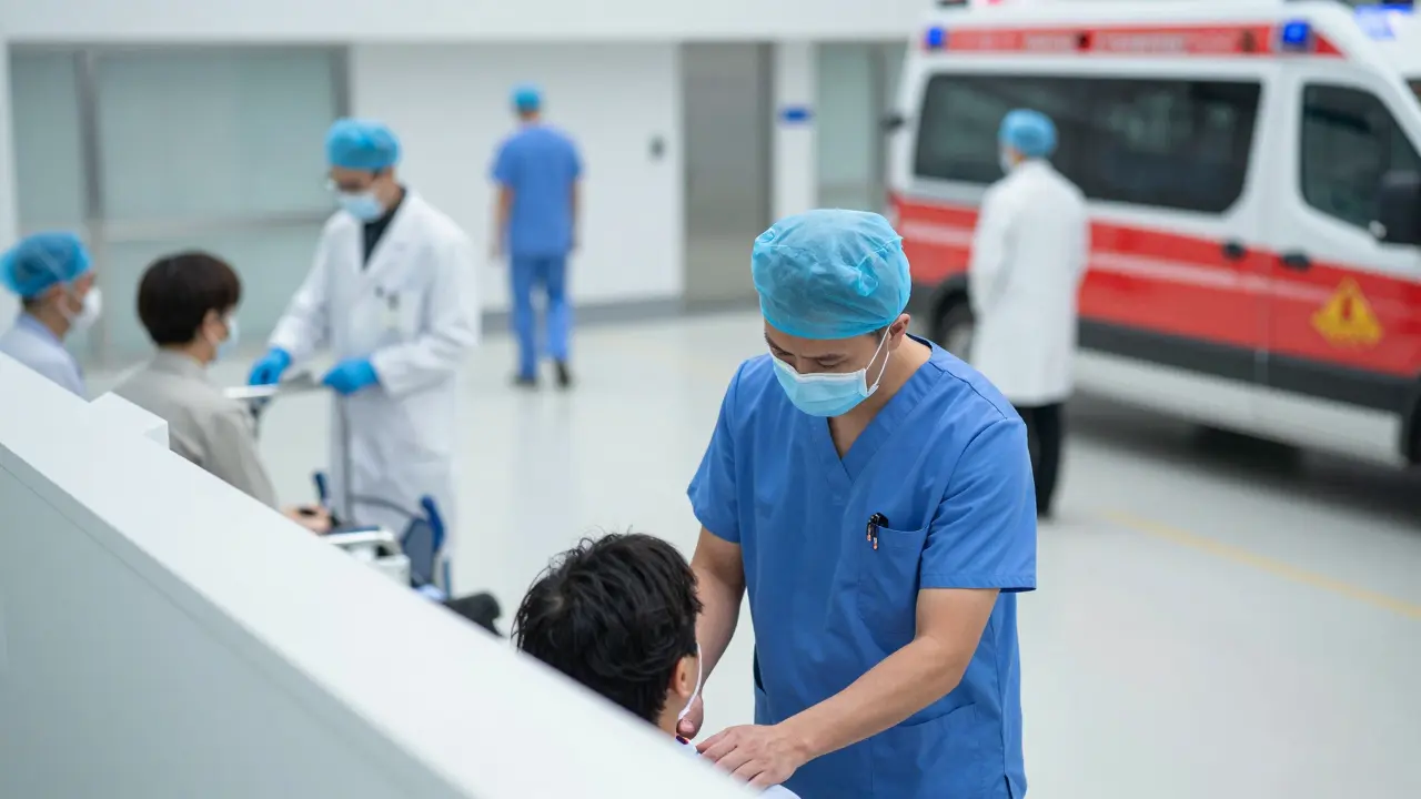 Zdravotník provádí třížní posouzení pacienta na urgentním příjmu