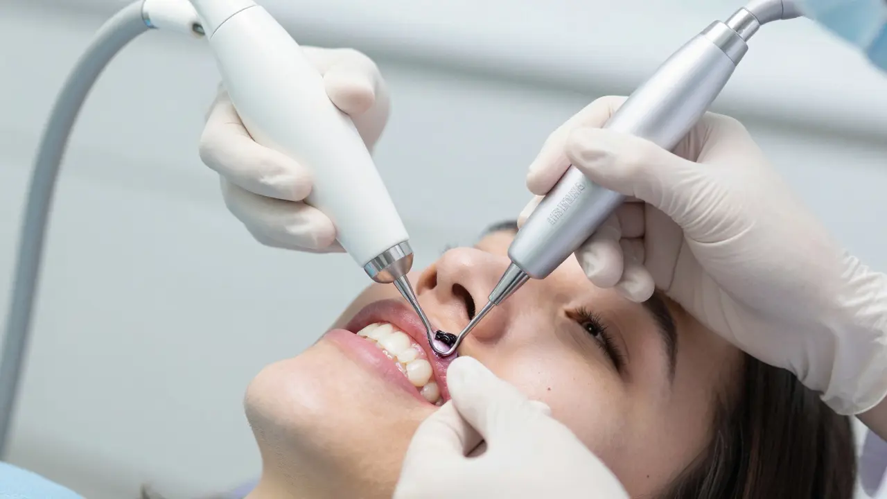 Zubní hygienistka používá profesionální nástroje k odstranění kamene pod dásní.