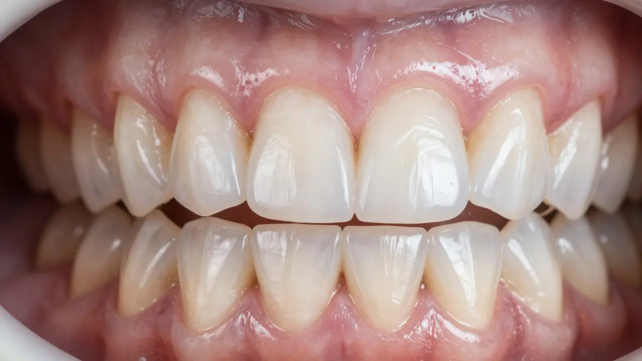 Detail keramické korunky na implantátu nerozeznatelné od přírodního zuba.