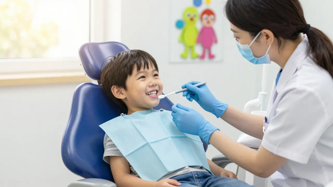 Dítě dostává fluoridovou péči u zubního lékaře