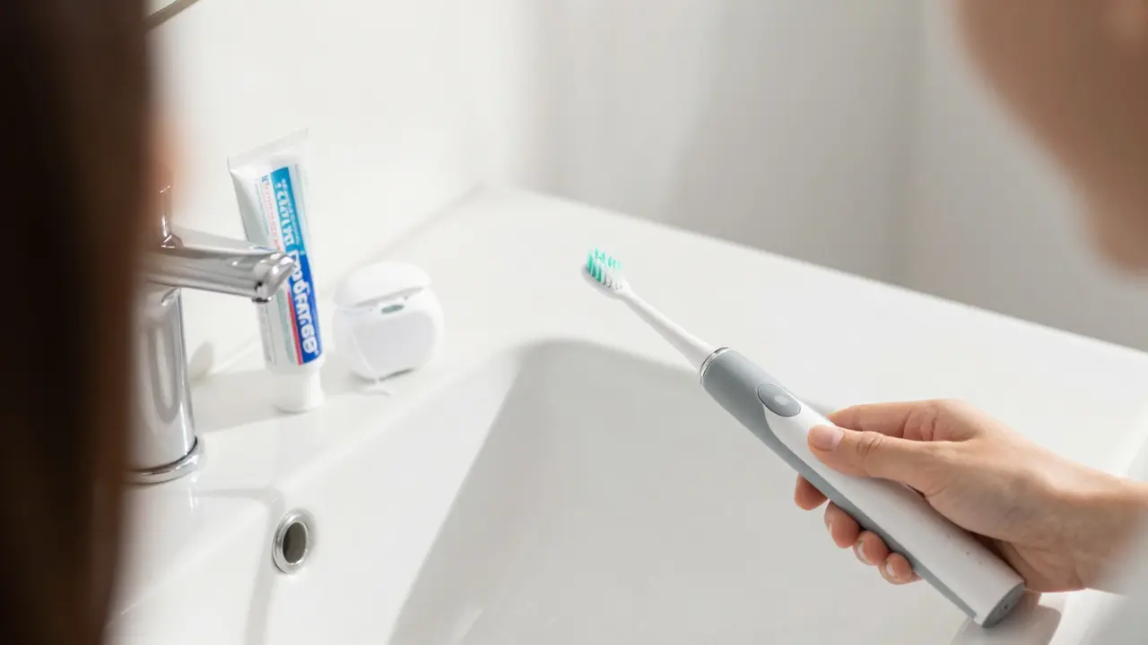 Elektrický kartáček a nástroje pro ústní hygienu v koupelně