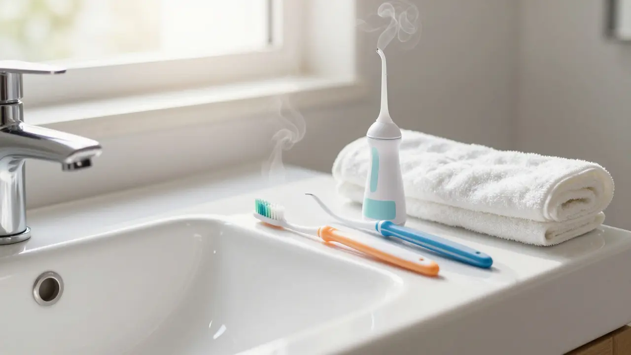 Hygienické pomůcky pro čištění rovnátek na umyvadle