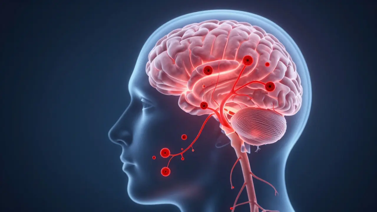 Ilustrace spojení ústního zánětu a mozkové mlhy v hlavě