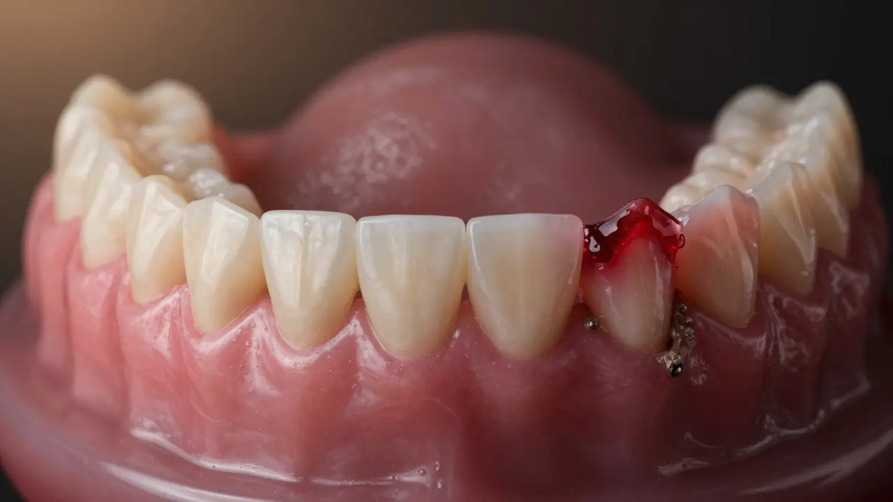 Kontrast mezi zdravými dásněmi a zánětem s zubním kamenem
