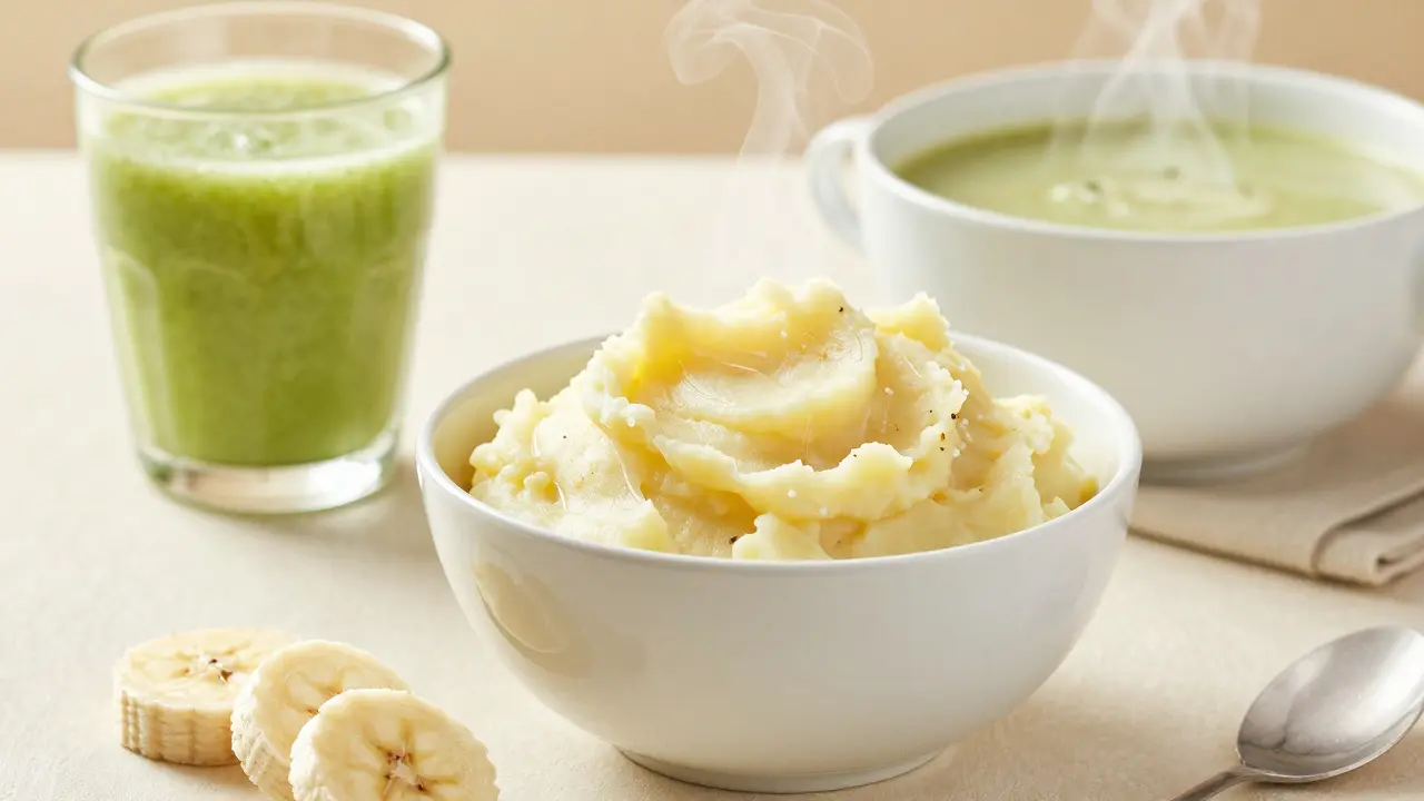 Miska se bramborovou kaší, banány a zeleninovým smoothie