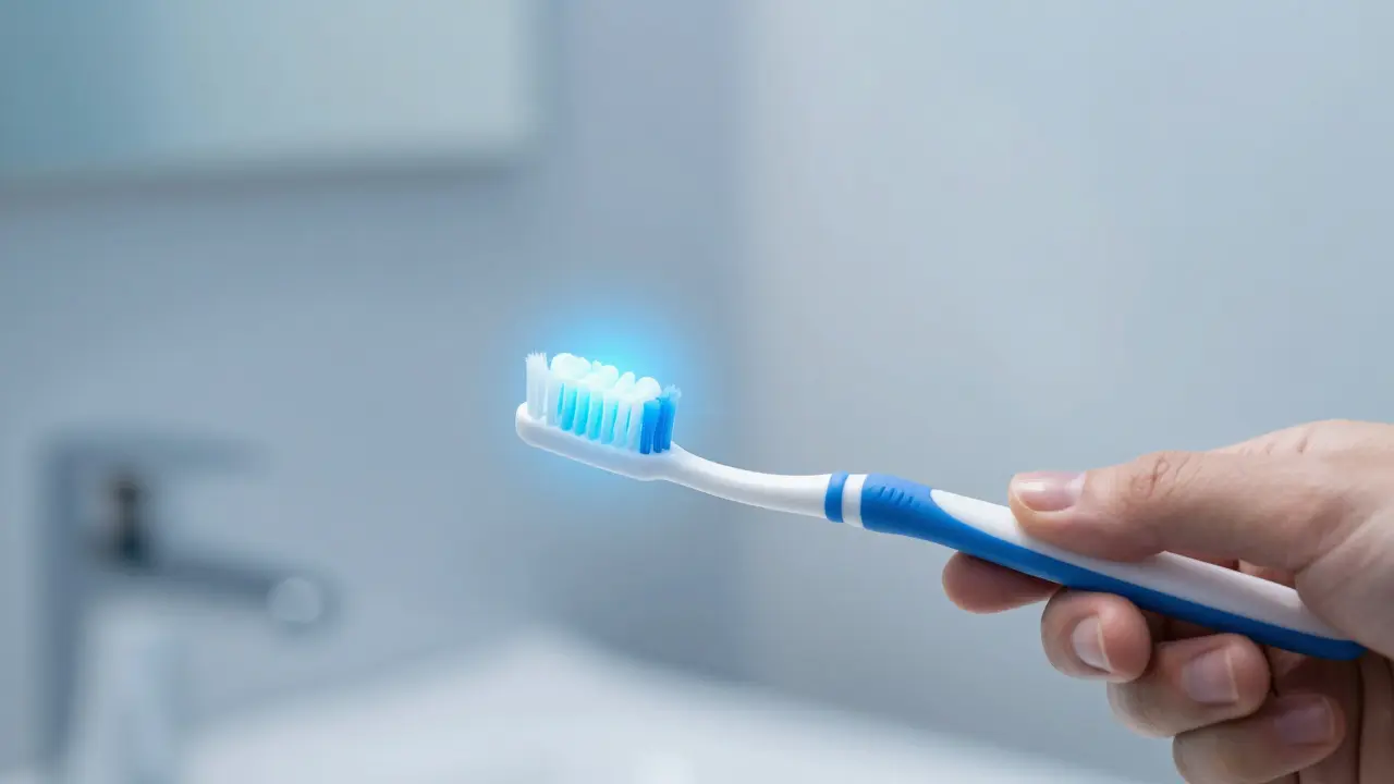 Správná technika čištění předních zubů kartáčkem pod úhlem 45 stupňů.