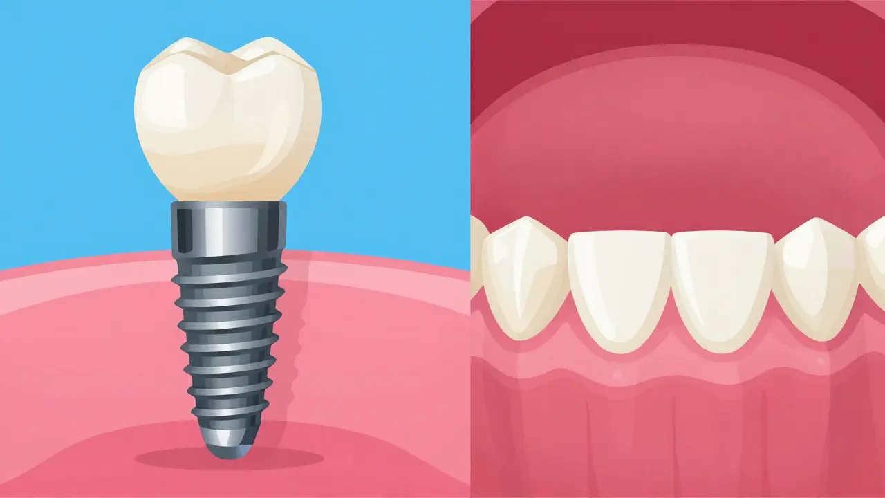 Srovnání stabilního implantátu s dočasnými nalepovacími zuby.