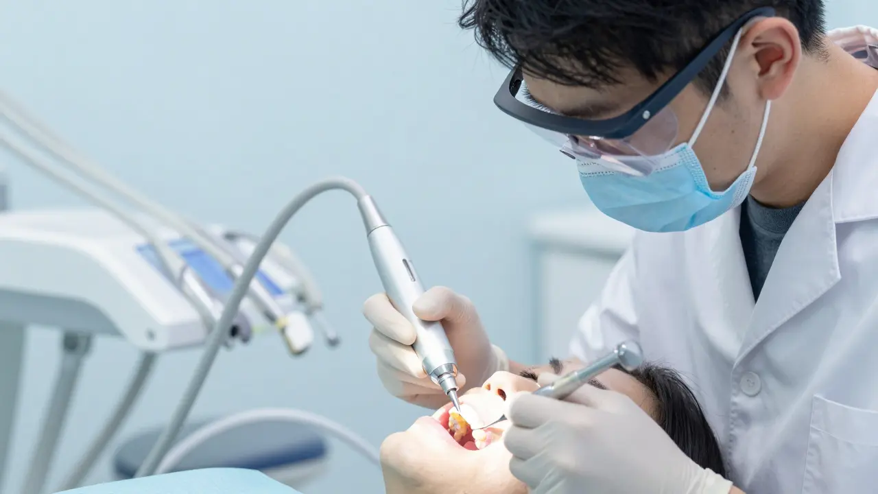 Stomatolog odstraňuje zubní kámen pomocí ultrazvukového zařízení