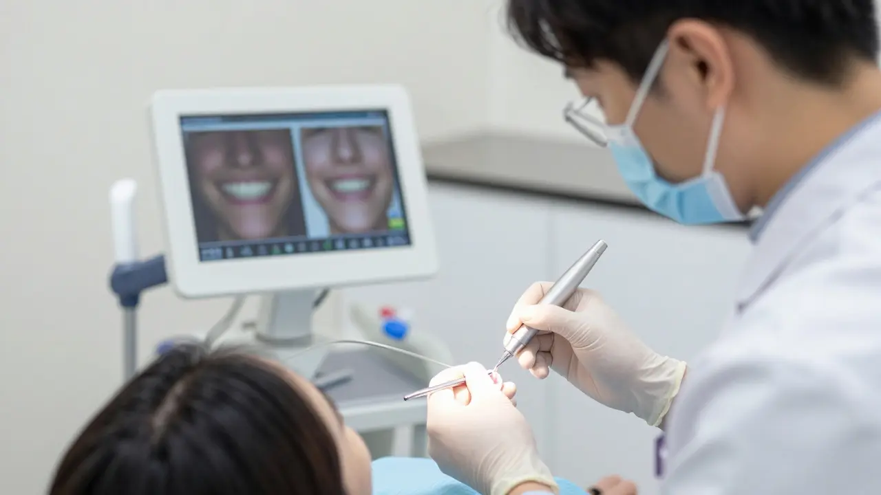 Zubní lékař aplikuje estetickou fazetu v moderní ordinaci