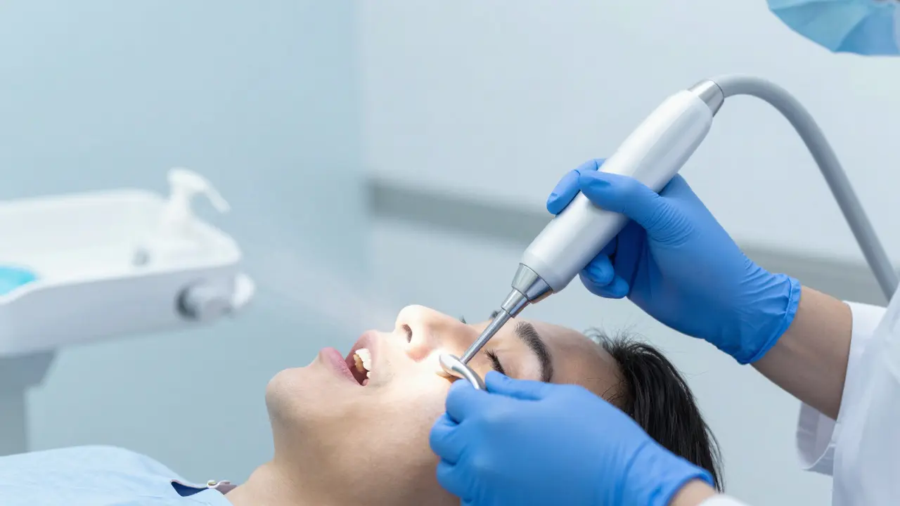 Zubní lékař provádí profesionální čištění ultrazvukem a Air Flow