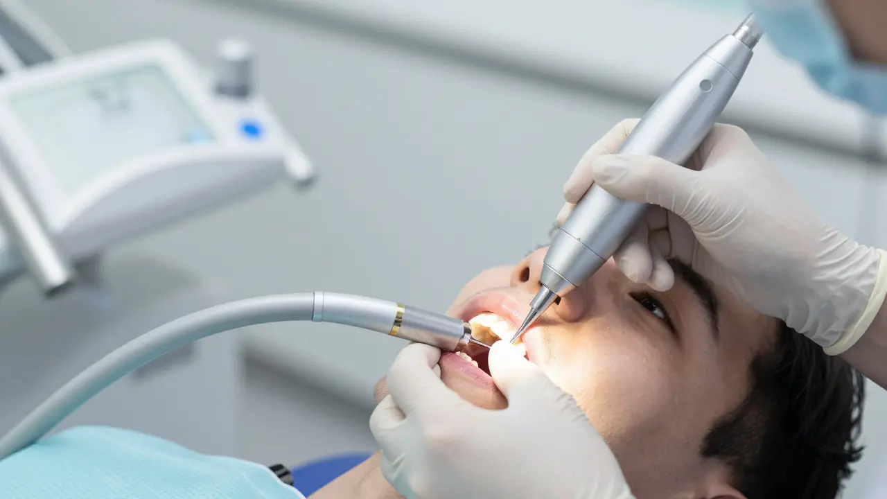 Dentální hygienistka čistí zuby ultrazvukovým skalpelem v ordinaci