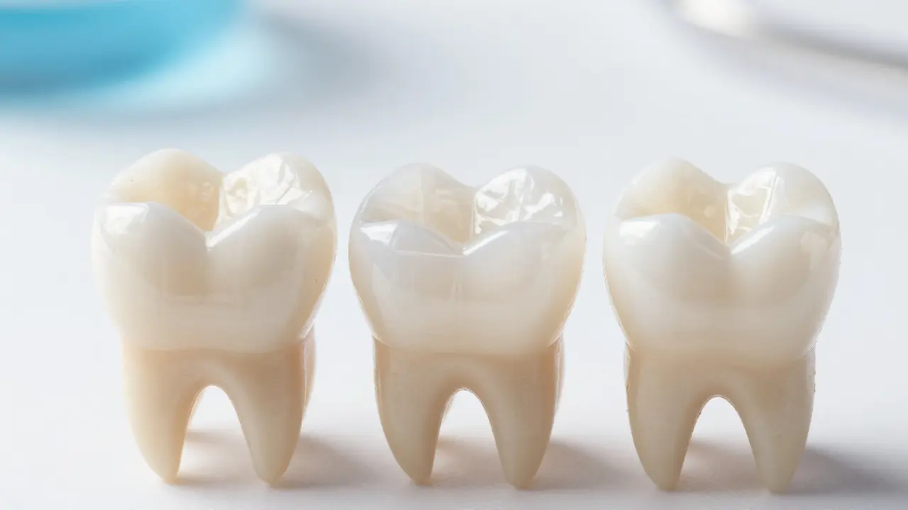 Detailní záběr na keramické vložky a korunky na modelu zubu
