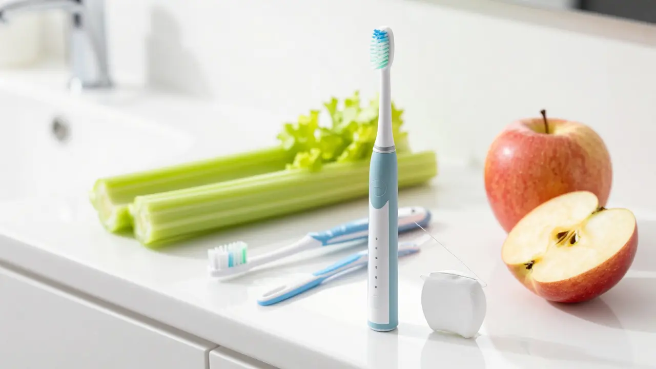 Elektrická kartáček, nit a zelenina pro ústní hygienu