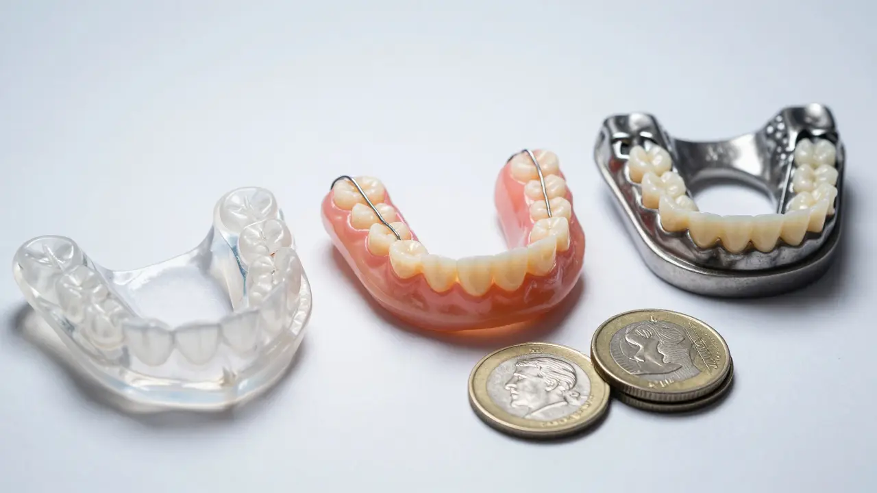 Srovnání materiálů zubních náhrad: plast, kov a keramika s mincemi.