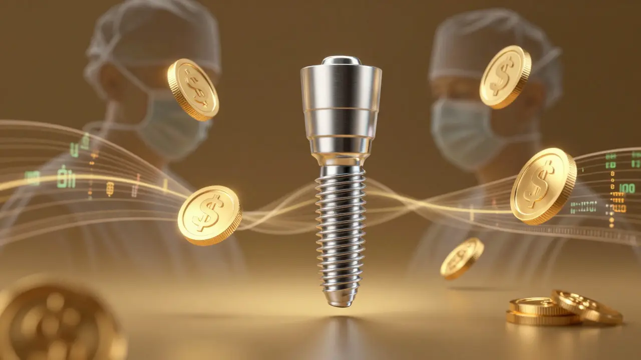 Abstraktní vizualizace nákladů na zubní implantát a anestezii
