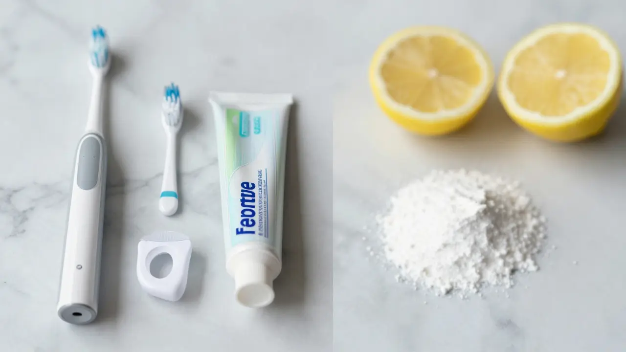 Bezpečné produkty pro péči o zuby vedle citronu