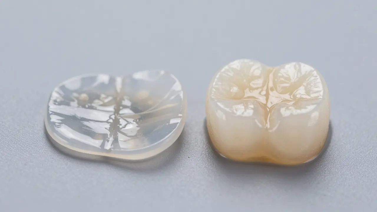 Detailní záběr porcelánové a kompozitní zubní vložky