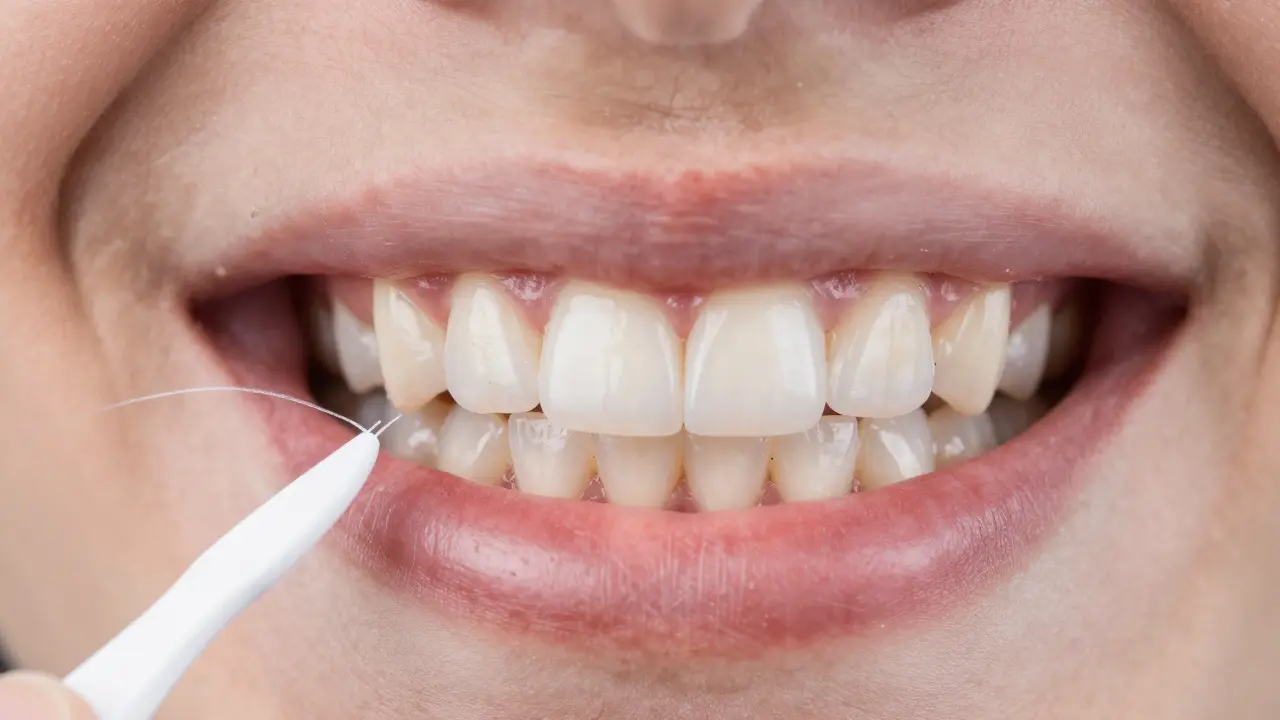 Detailní záběr zdravého úsměvu s kompozitní plombou a rozmazanými hygienickými pomůckami