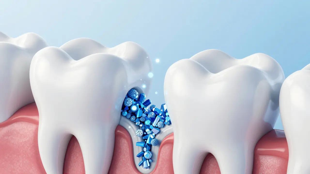 Ilustrace procesu remineralizace zubní skloviny fluoridy