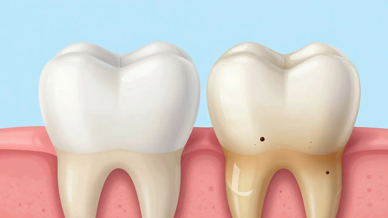 Ilustrace struktury zubu: email, dentin a nasákavé pigmenty