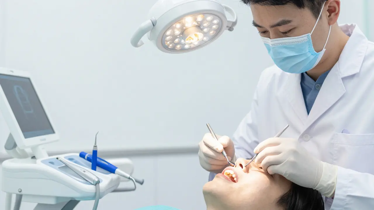 Zubní lékař vyšetřuje zub s korunou pomocí nástrojů v ordinaci