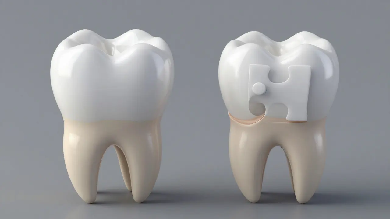 3D ilustrace porovnání běžné plomby a přesného keramického inlaye.