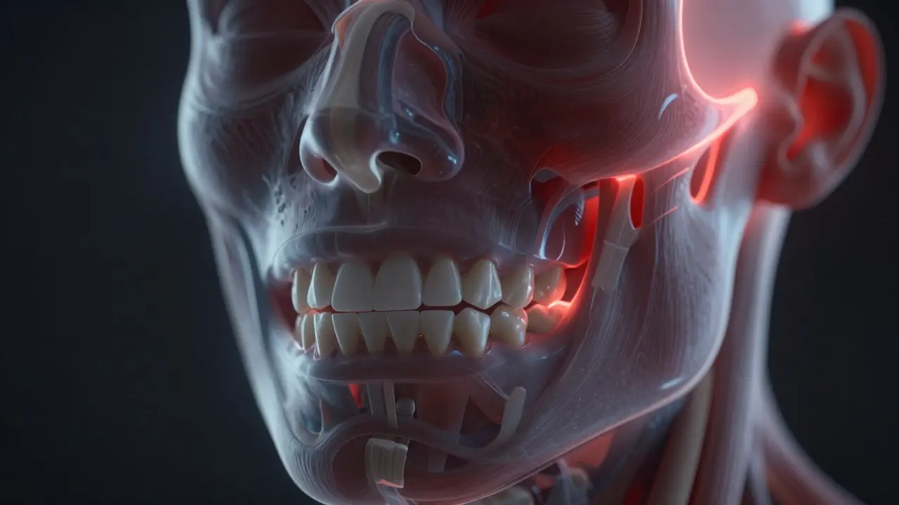 Anatomické znázornění bolesti kloubů způsobené špatným skusem.