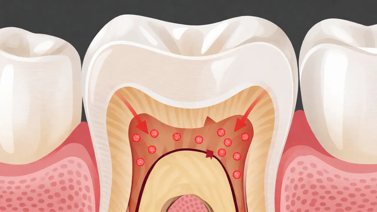 Anatomický řez zubem pod korunkou znázorňující zánět dřeně