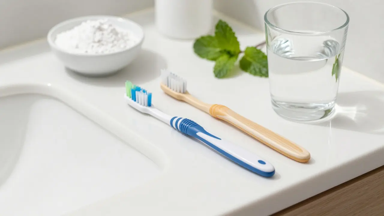 Bezpečné domácí pomůcky pro ústní hygienu na čistém pultu